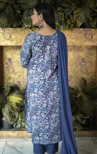 Blue Printed Modal Cotton Kurta With Pant Set-Custom Made