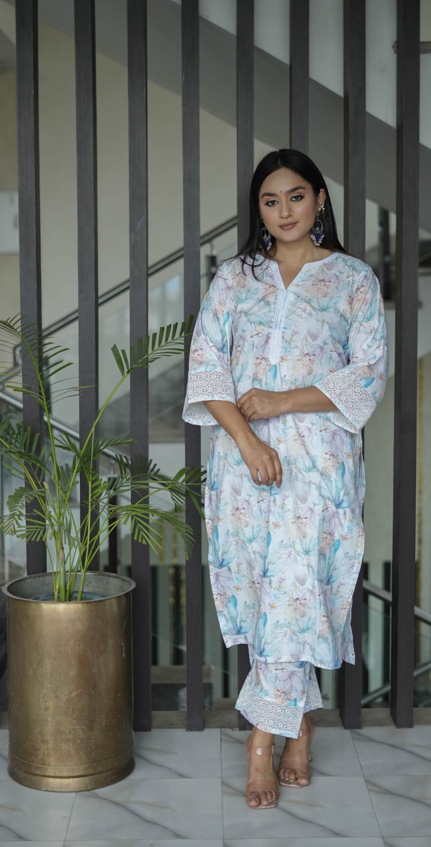 Sky Blue Printed Modal Cotton Kurta With Pant Set-Custom Made