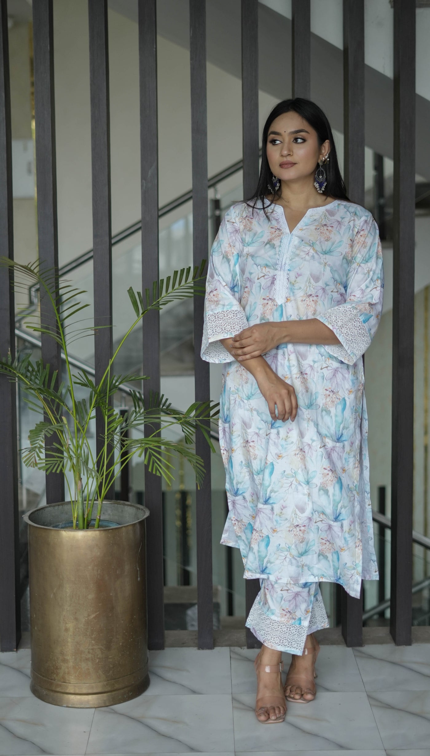 Sky Blue Printed Modal Cotton Kurta With Pant Set-Custom Made