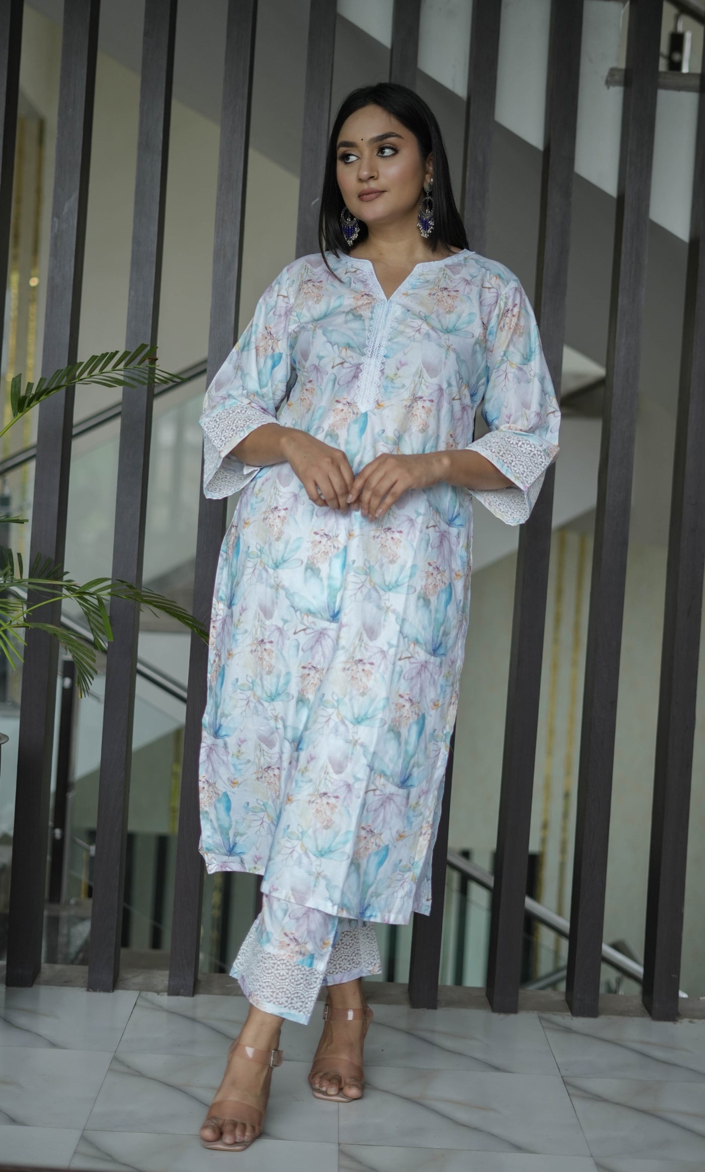 Sky Blue Printed Modal Cotton Kurta With Pant Set-Custom Made