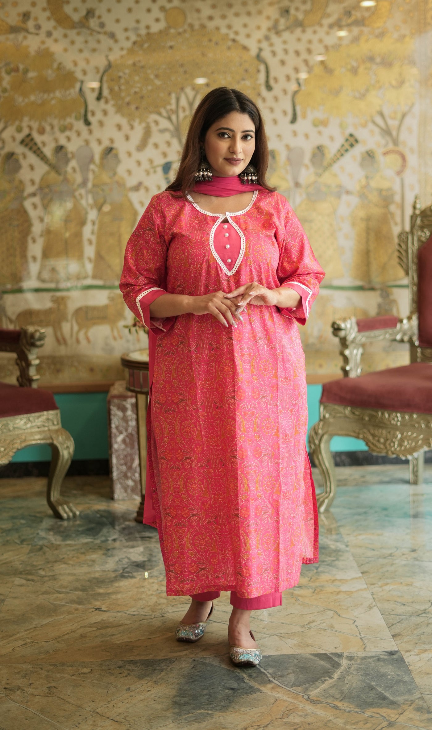 Peach Printed Modal Cotton Kurta With Pant Set -Custom Made