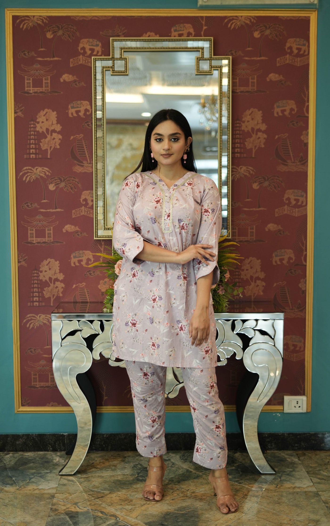 Light Mouve Printed Modal Cotton Kurta With Pant Set-Custom Made