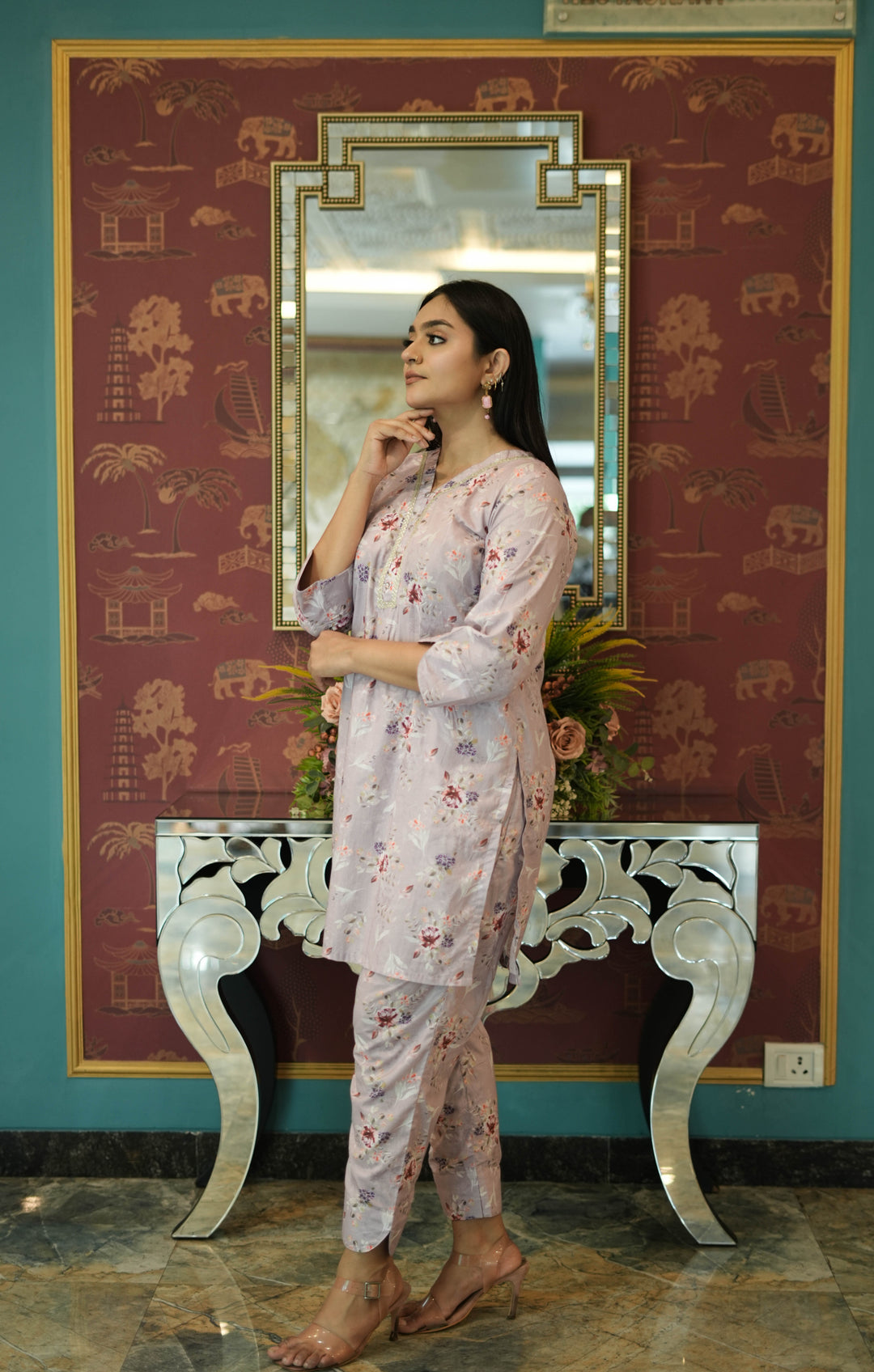 Light Mouve Printed Modal Cotton Kurta With Pant Set-Custom Made