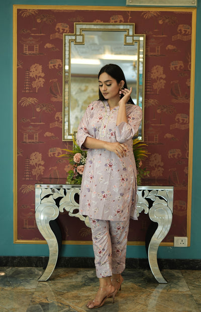 Light Mouve Printed Modal Cotton Kurta With Pant Set-Custom Made