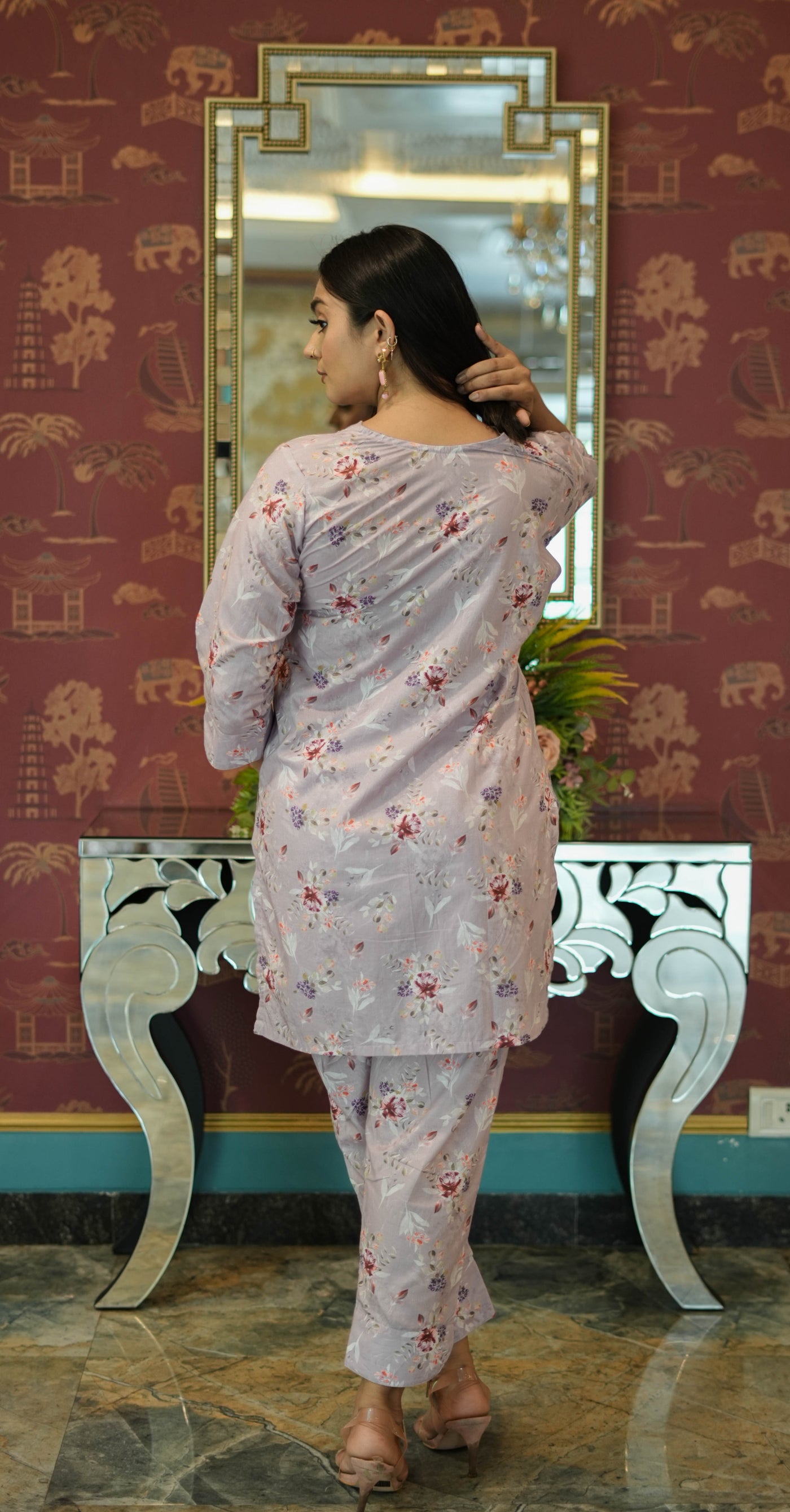 Light Mouve Printed Modal Cotton Kurta With Pant Set-Custom Made