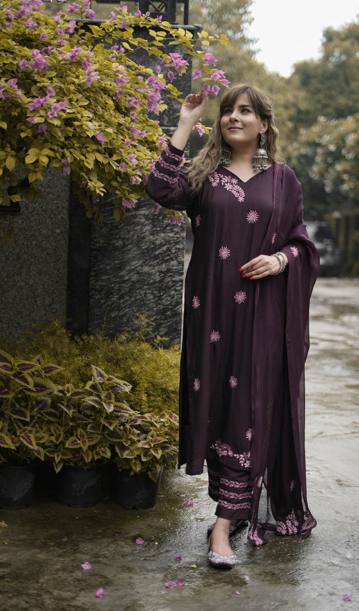 Wine Chanderi Chikankari Suit Set