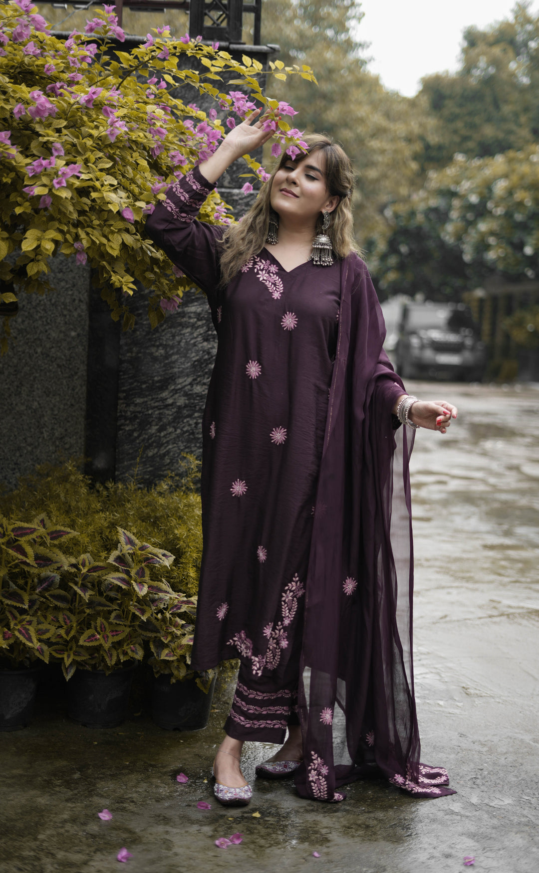 Wine Chanderi Chikankari Suit Set