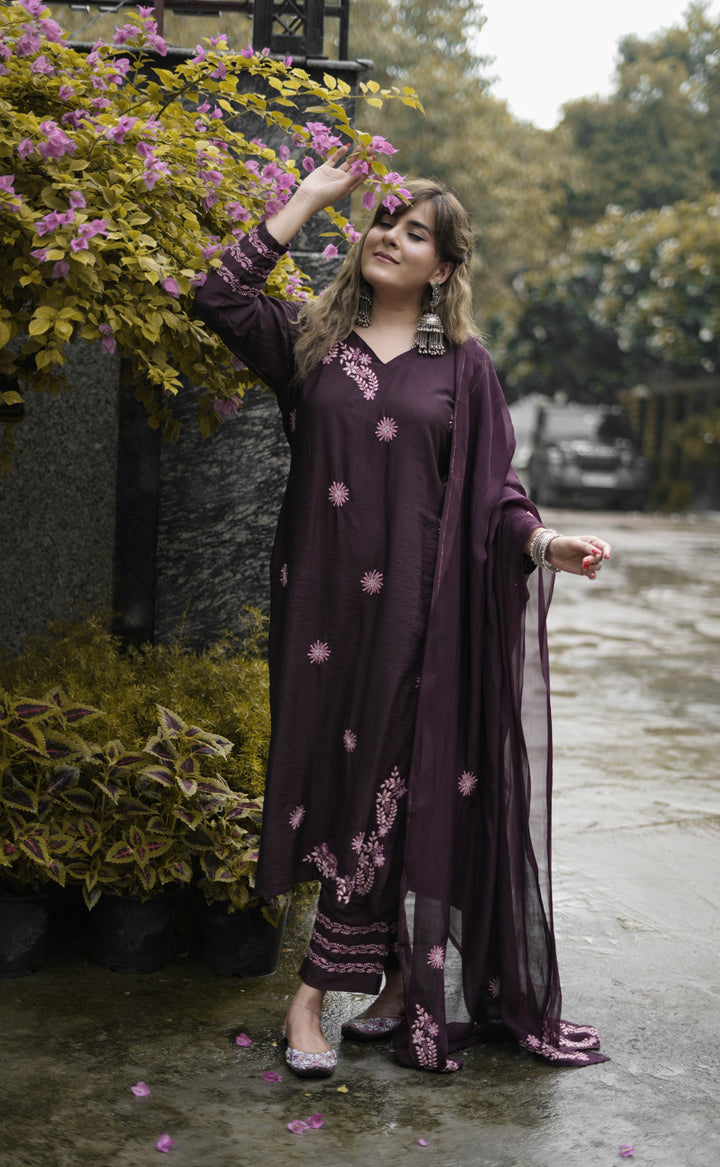 Wine Chanderi Chikankari Suit Set