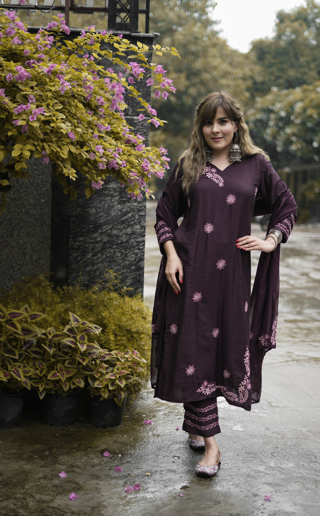 Wine Chanderi Chikankari Suit Set