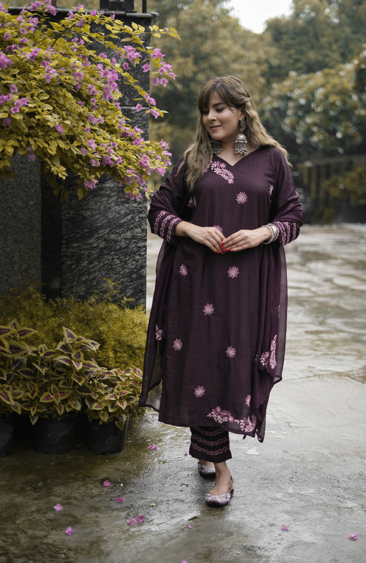 Wine Chanderi Chikankari Suit Set