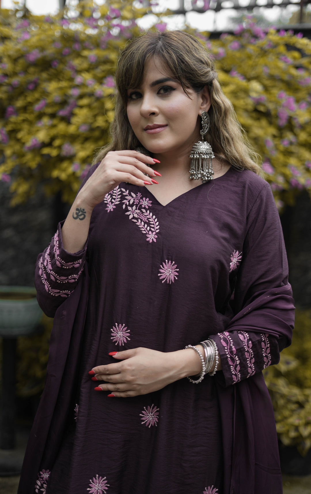 Wine Chanderi Chikankari Suit Set
