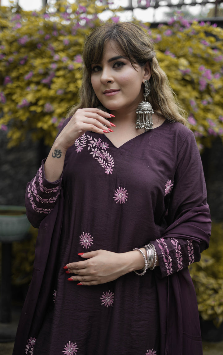 Wine Chanderi Chikankari Suit Set