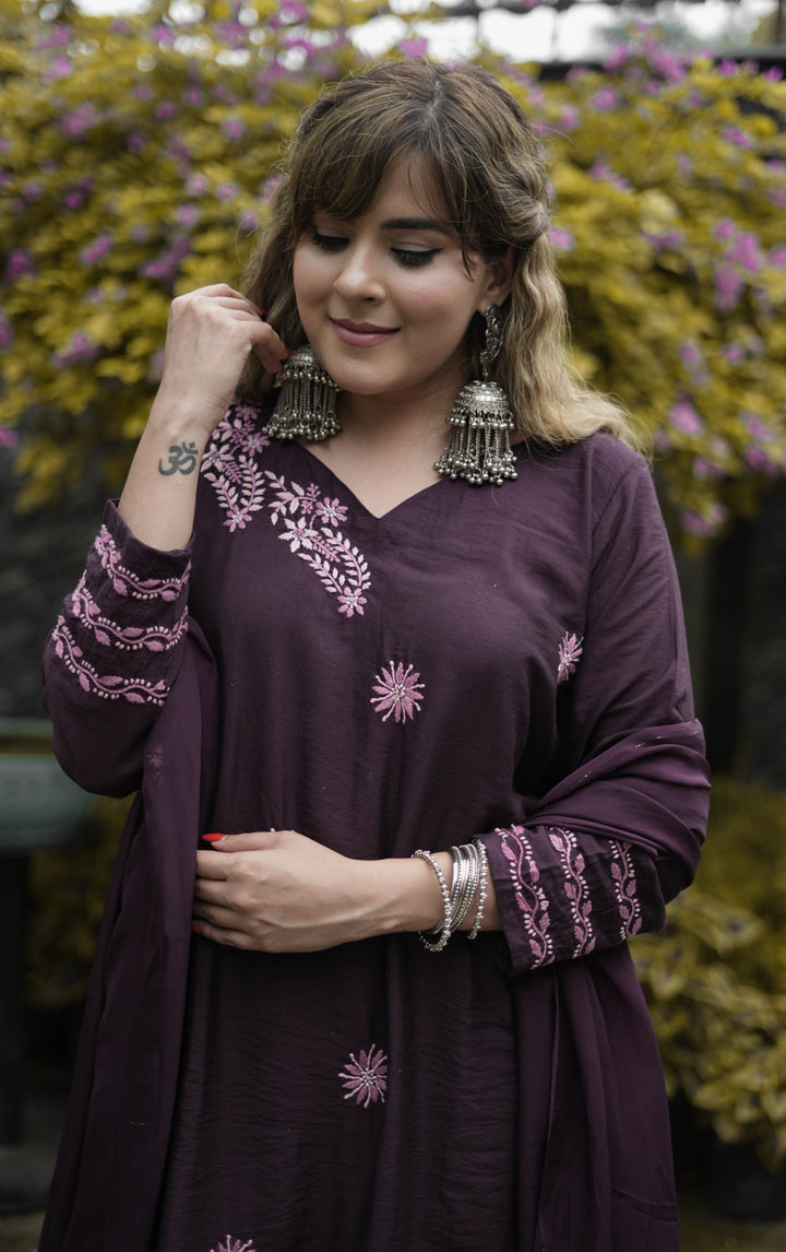 Wine Chanderi Chikankari Suit Set