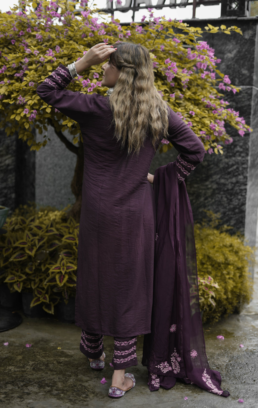 Wine Chanderi Chikankari Suit Set