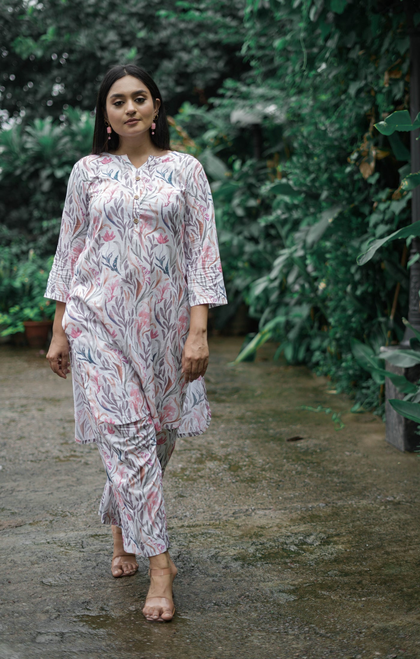 White And Pink Printed Modal Cotton Kurta With Pant Set -Custom Made