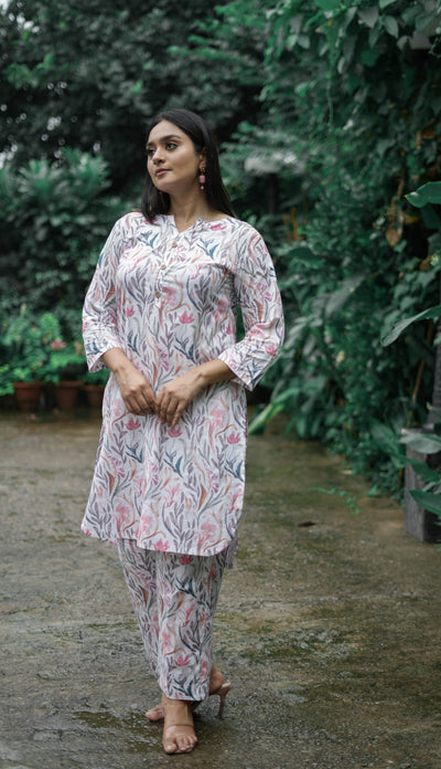 White And Pink Printed Modal Cotton Kurta With Pant Set -Custom Made