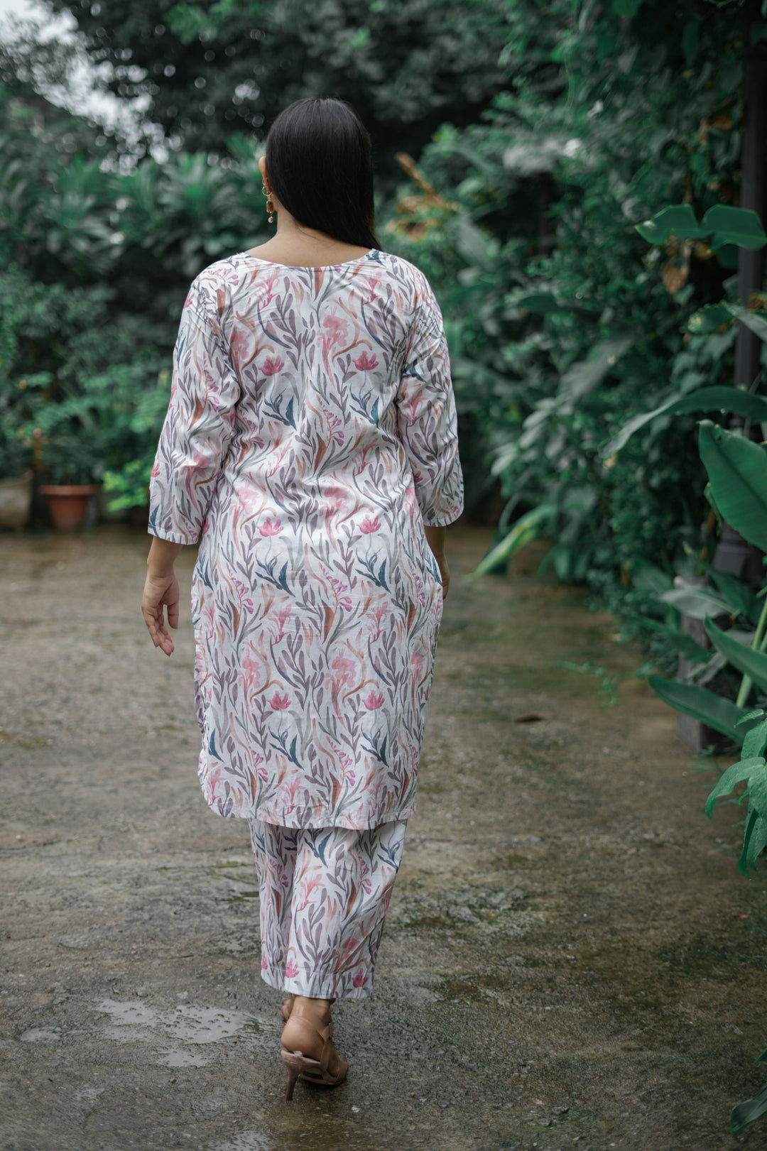 White And Pink Printed Modal Cotton Kurta With Pant Set -Custom Made