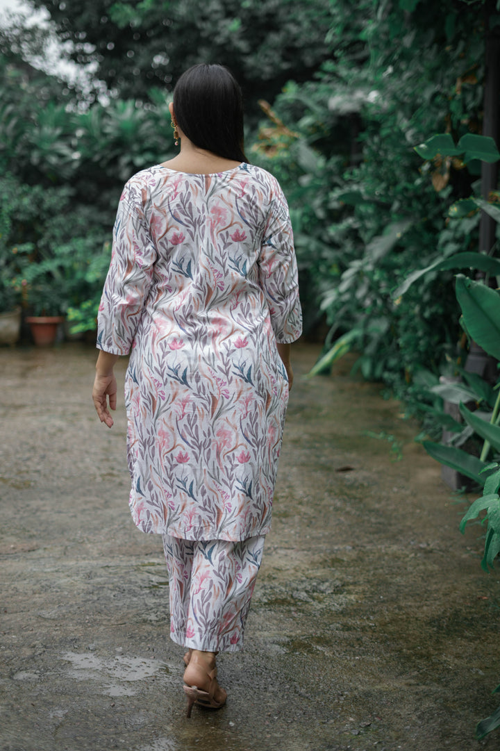 White And Pink Printed Modal Cotton Kurta With Pant Set -Custom Made