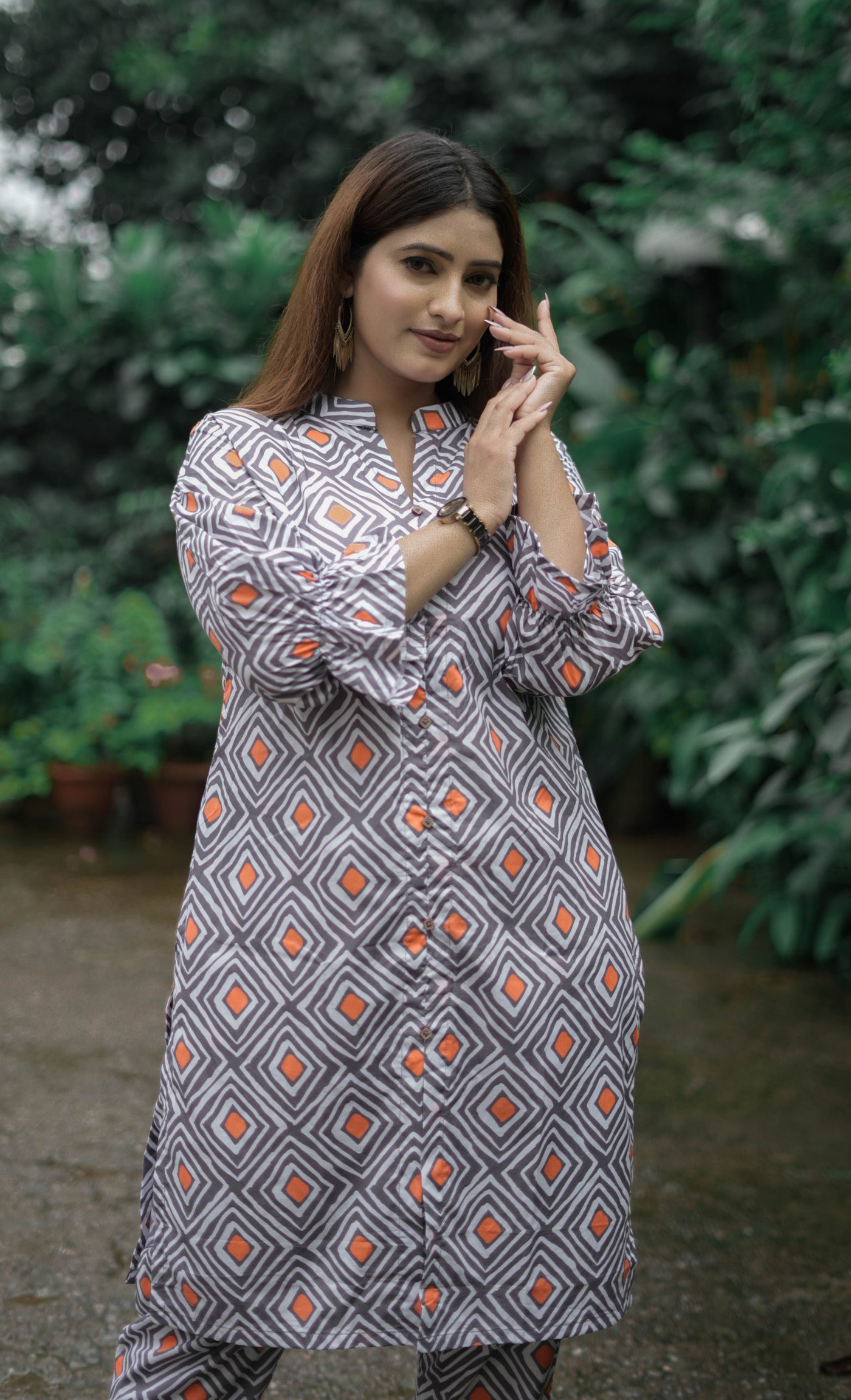 White And Orange Printed Modal Cotton Kurta With Pant Set -Custom Made