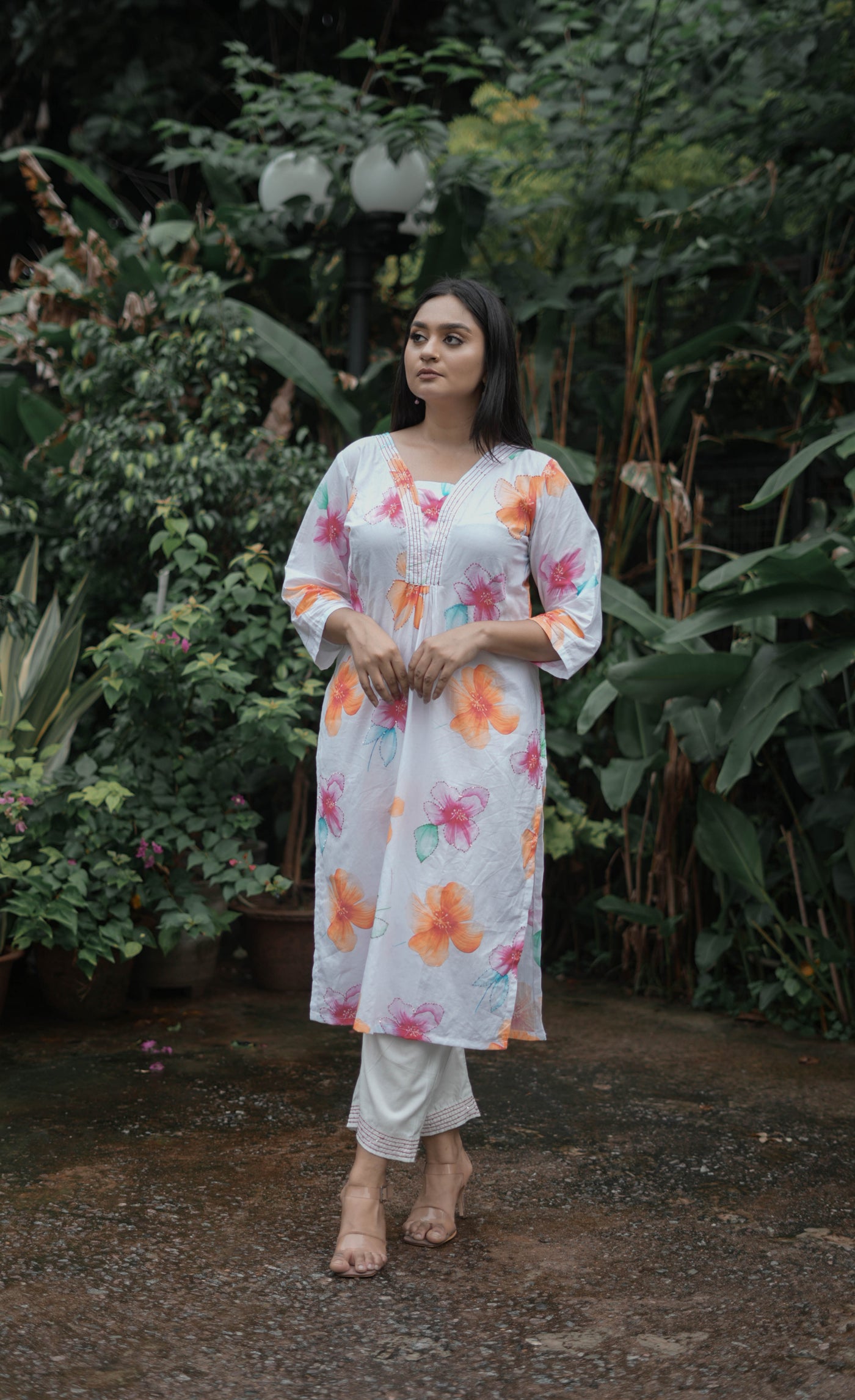 White Floral Printed Modal Cotton Kurta With Pant Set -Custom Made