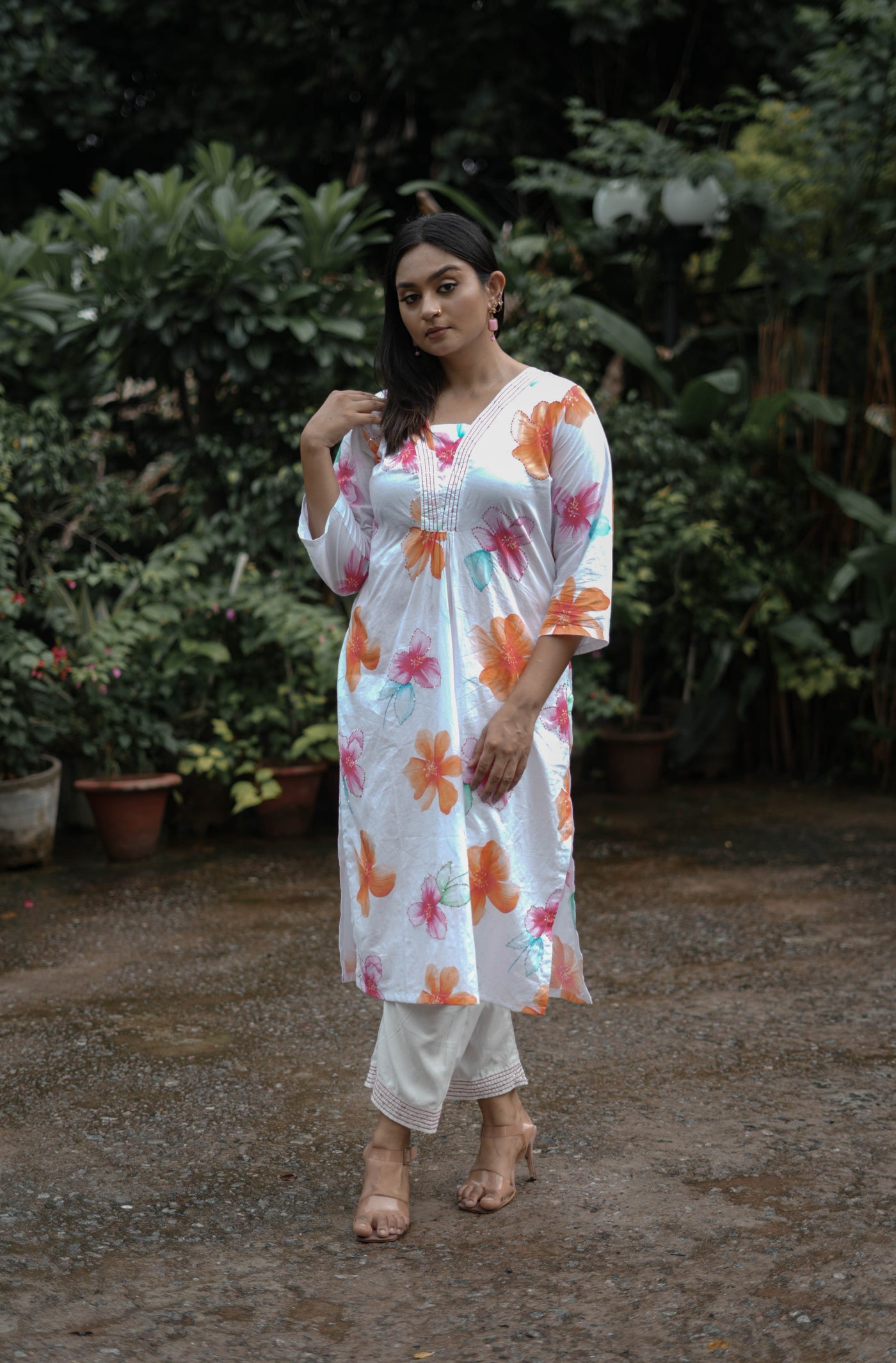 White Floral Printed Modal Cotton Kurta With Pant Set -Custom Made