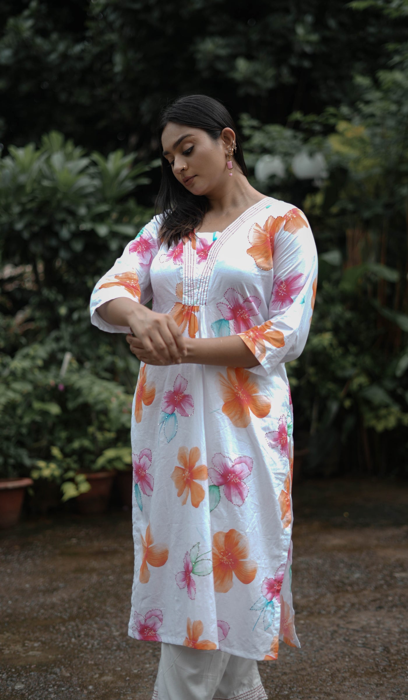 White Floral Printed Modal Cotton Kurta With Pant Set -Custom Made