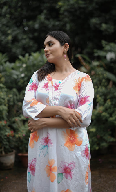 White Floral Printed Modal Cotton Kurta With Pant Set -Custom Made