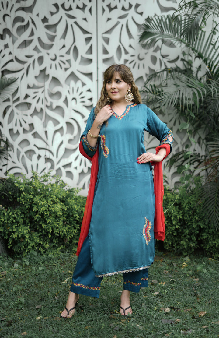 Peacock Blue Muslin Chikankari Suit Set-Custom Made