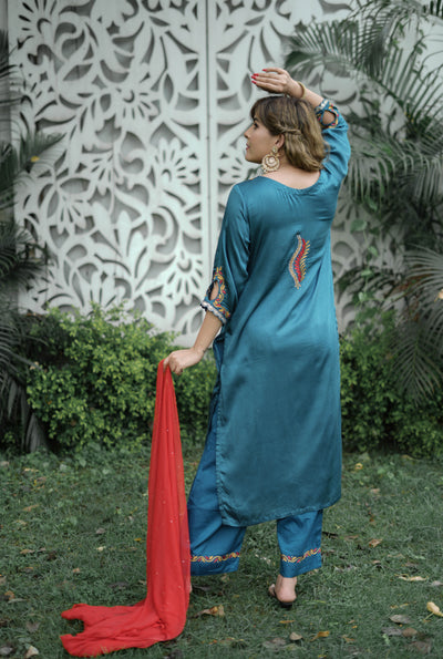 Peacock Blue Muslin Chikankari Suit Set-Custom Made