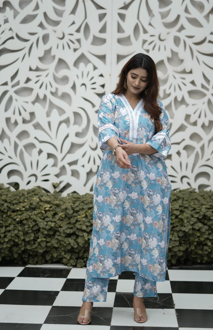 Blue Printed Modal Cotton Kurta With Pant Set