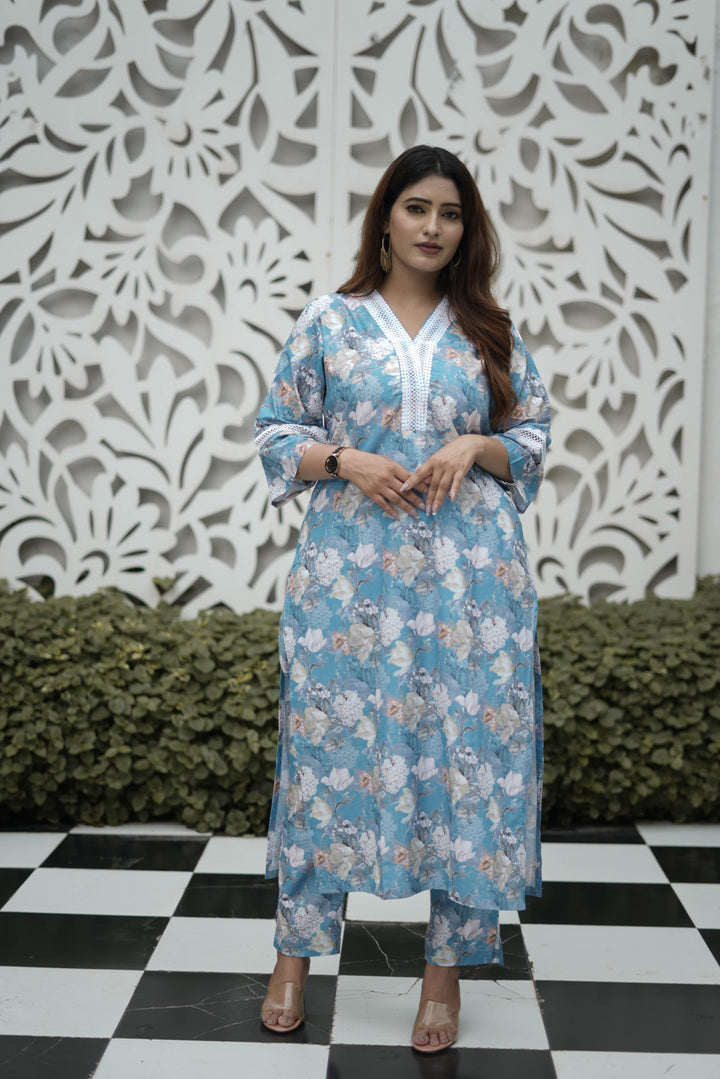 Blue Printed Modal Cotton Kurta With Pant Set