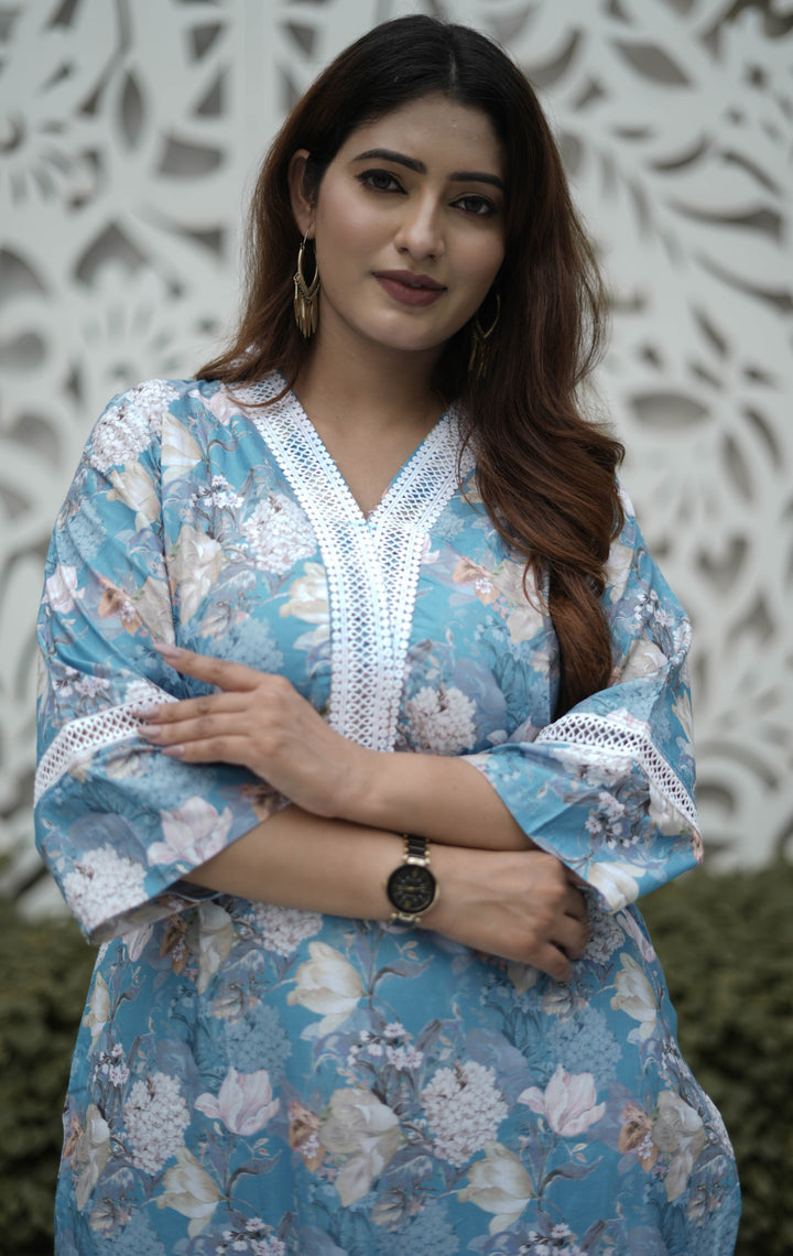 Blue Printed Modal Cotton Kurta With Pant Set