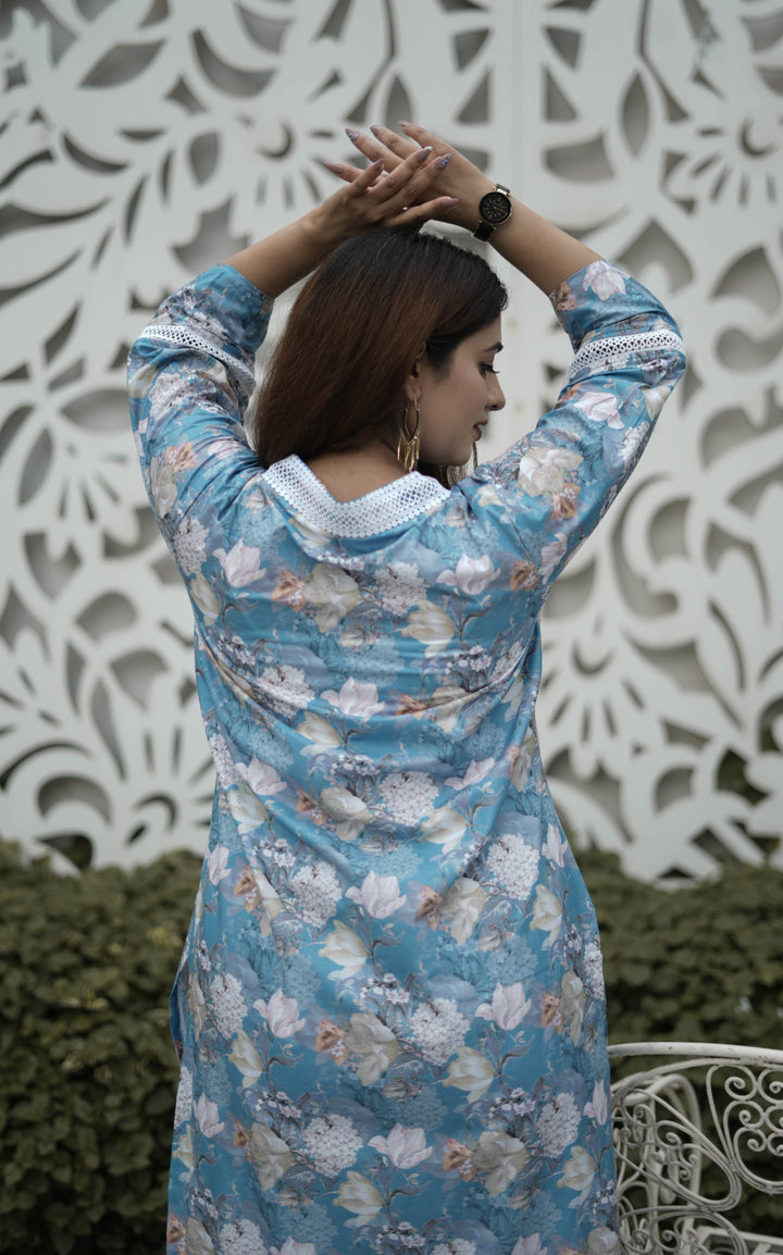 Blue Printed Modal Cotton Kurta With Pant Set