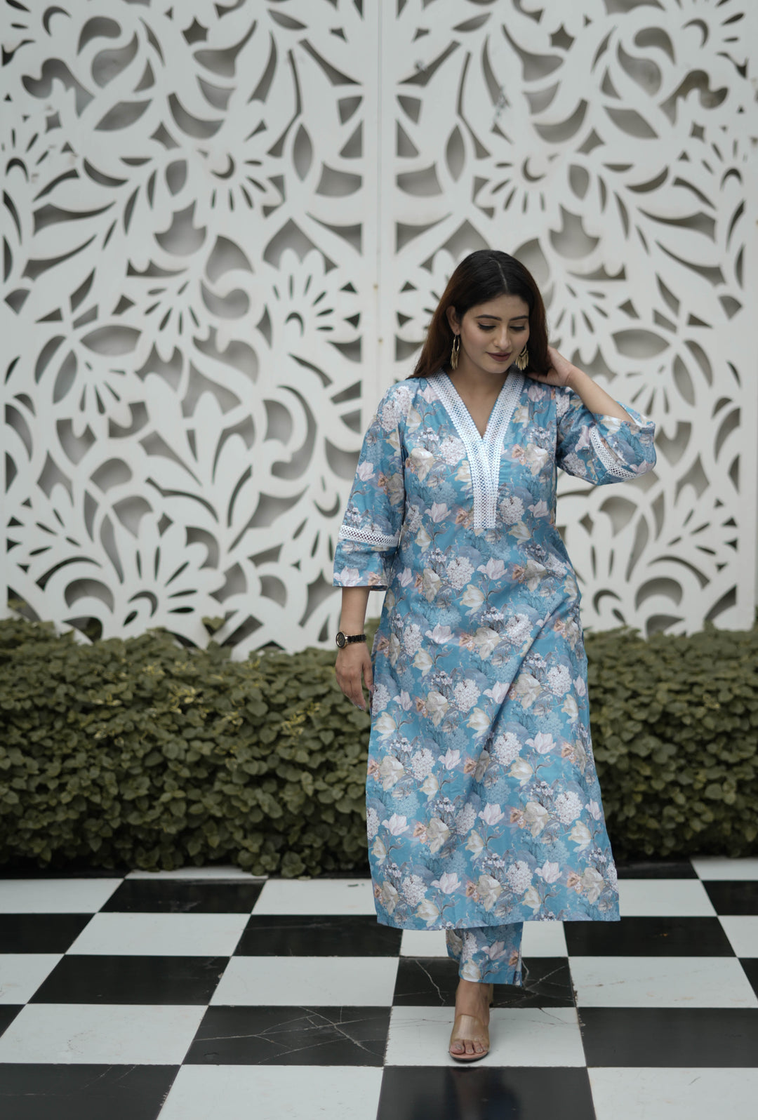 Blue Printed Modal Cotton Kurta With Pant Set