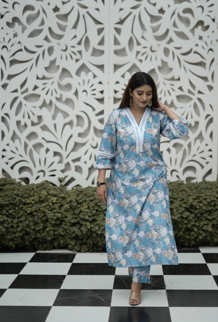 Blue Printed Modal Cotton Kurta With Pant Set