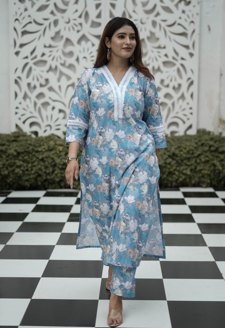 Blue Printed Modal Cotton Kurta With Pant Set