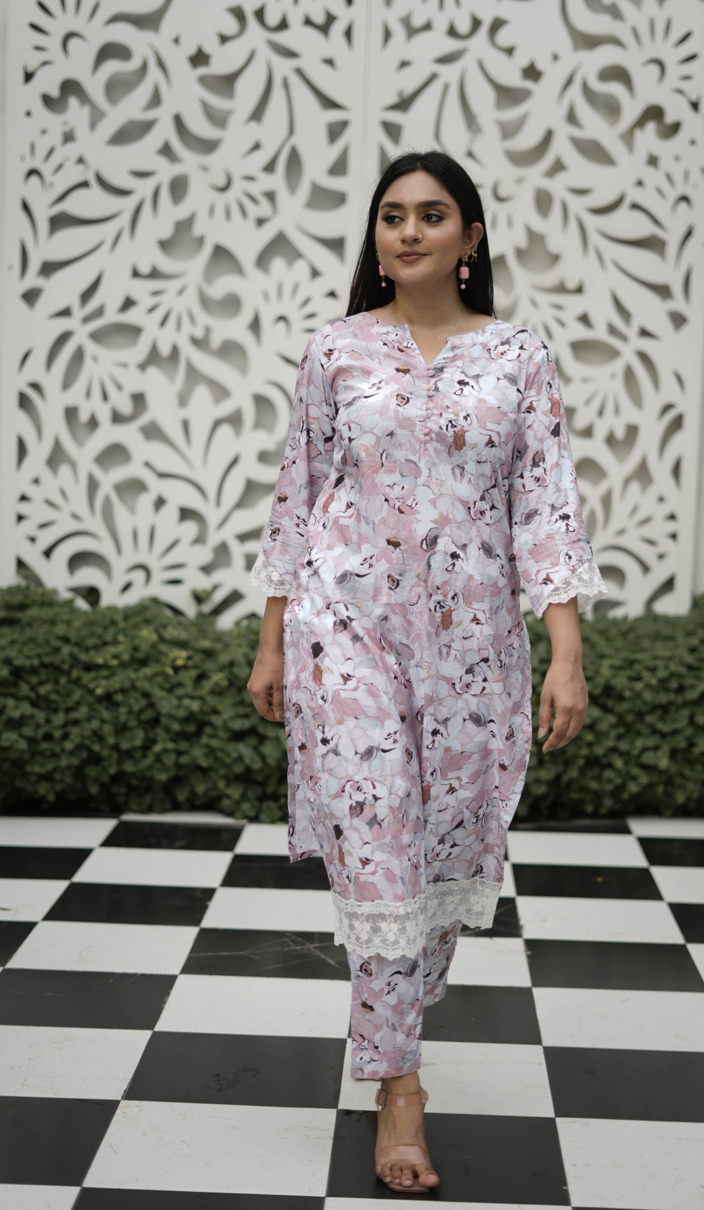 White And Mouve Printed Modal Cotton Kurta With Pant Set -Custom Made