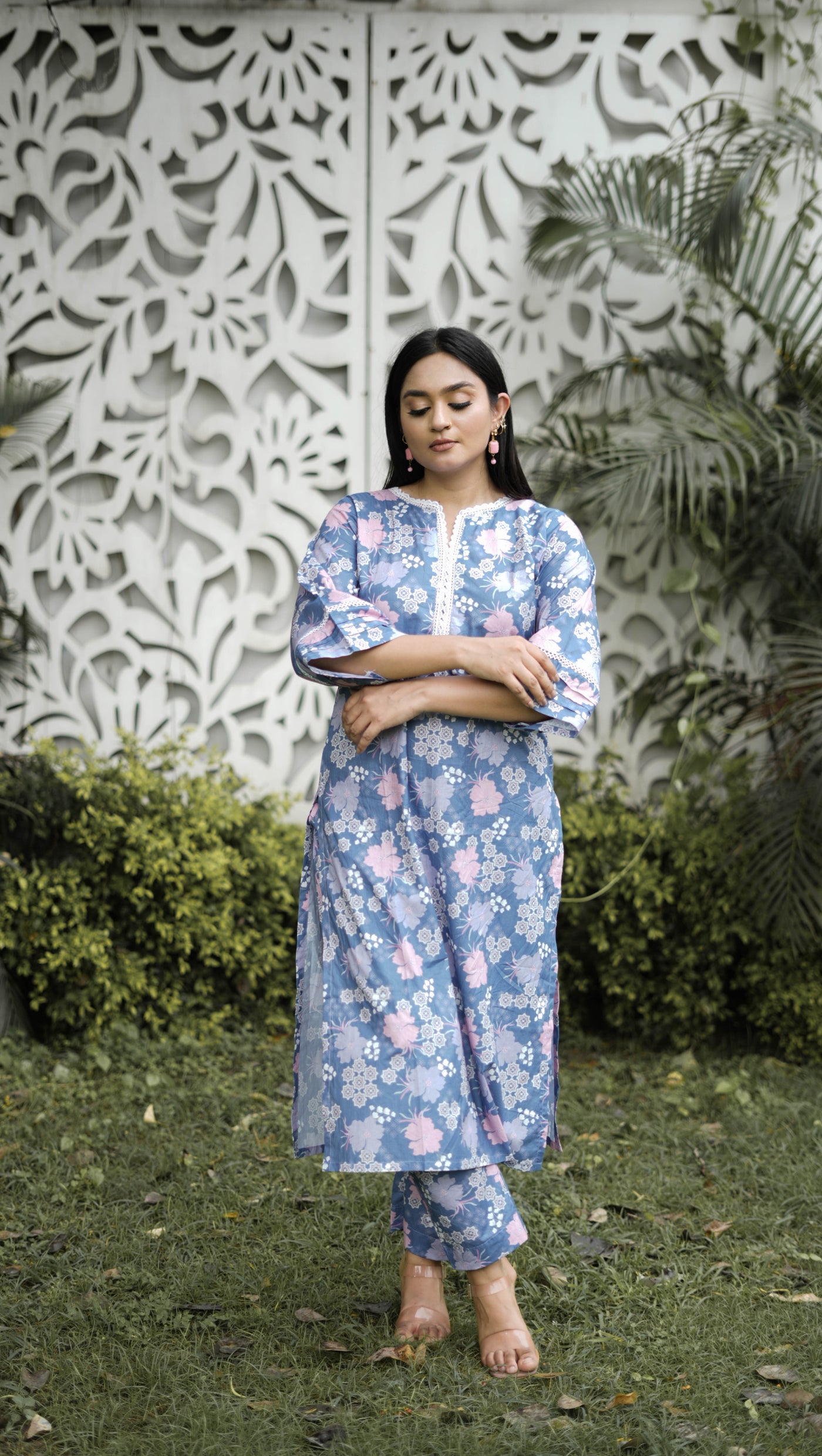 Light Blue Printed Modal Cotton Kurta With Pant Set -Custom Made