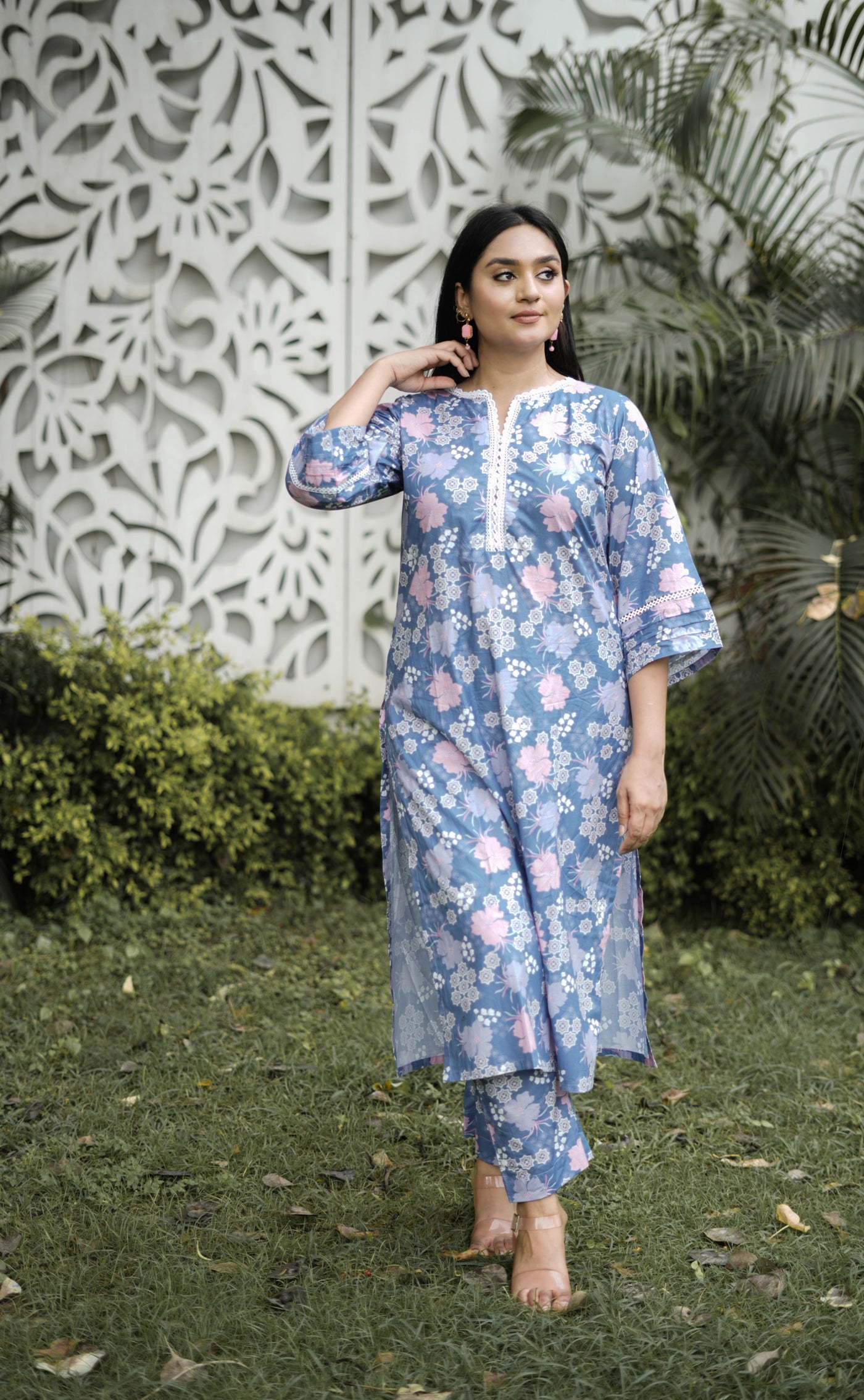 Light Blue Printed Modal Cotton Kurta With Pant Set -Custom Made