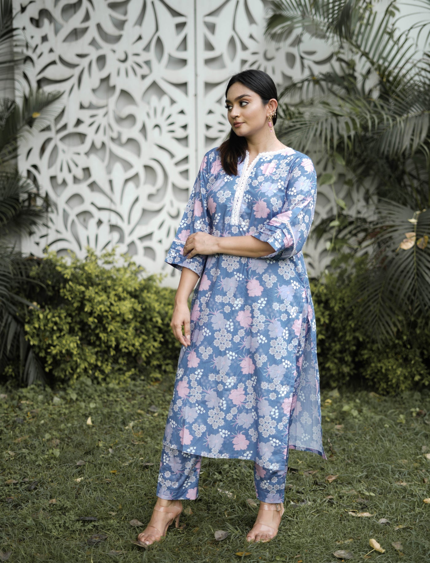 Light Blue Printed Modal Cotton Kurta With Pant Set -Custom Made