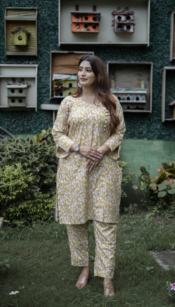 Mustard Printed Modal Cotton Kurta With Pant Set -Custom Made