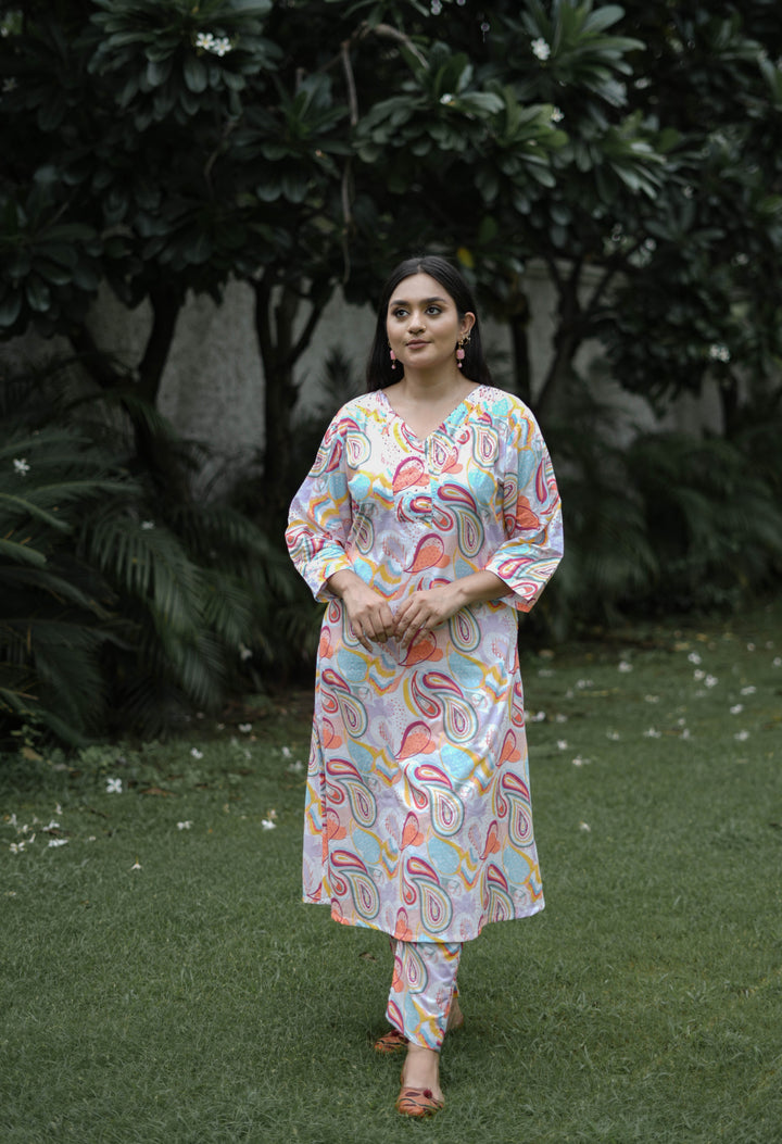 White And Peach Printed Modal Cotton Kurta With Pant Set