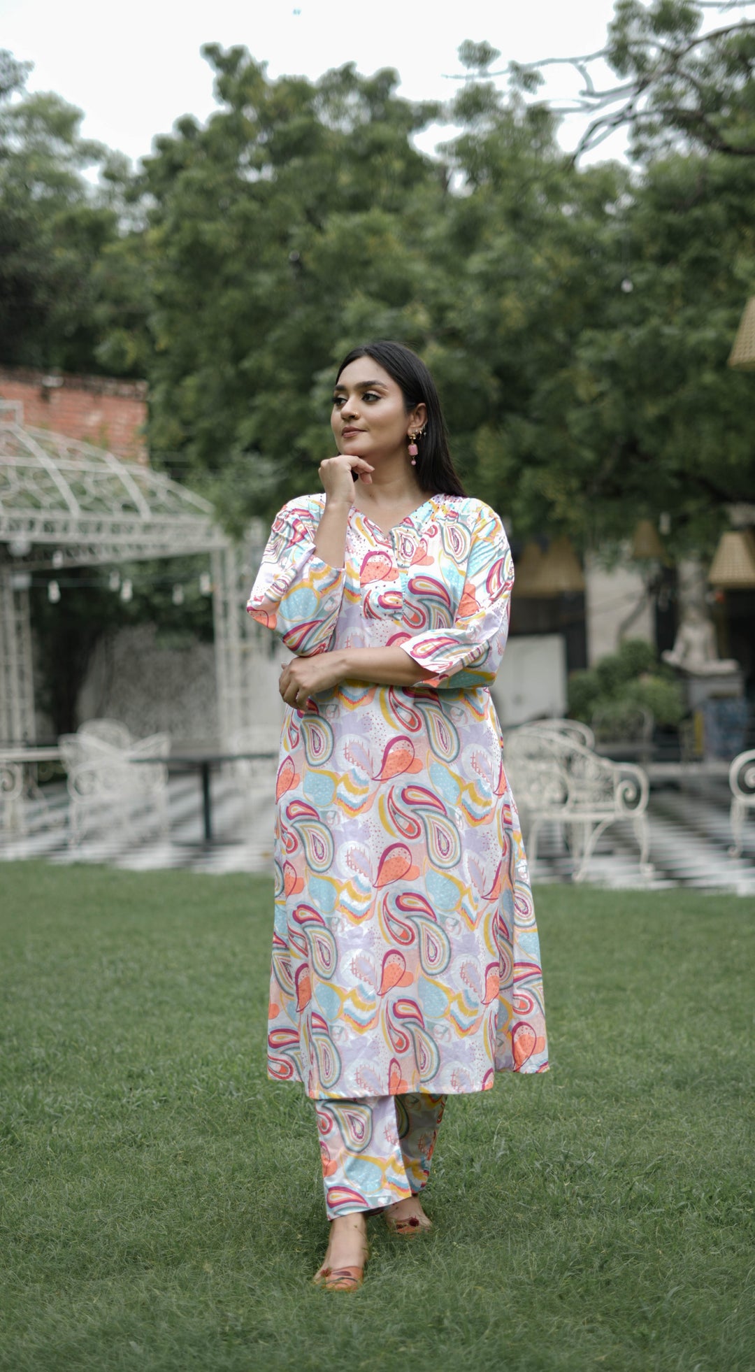 White And Peach Printed Modal Cotton Kurta With Pant Set