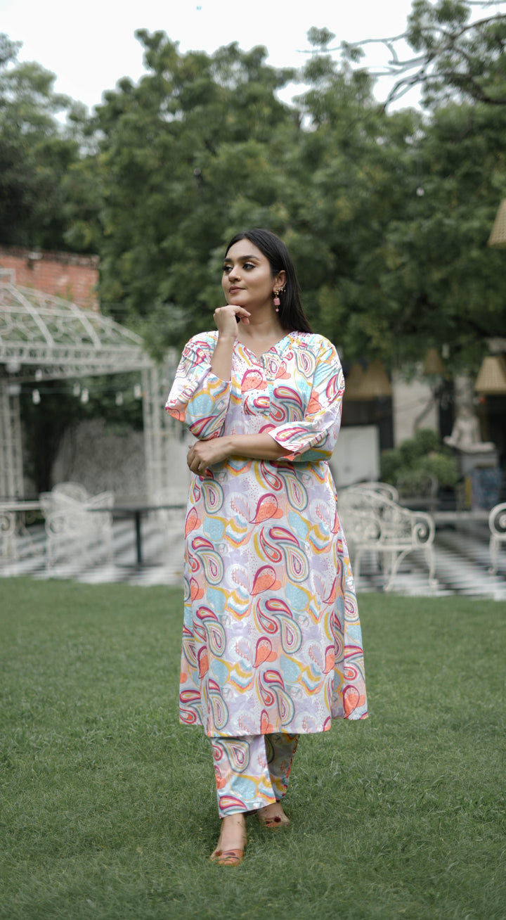 White And Peach Printed Modal Cotton Kurta With Pant Set