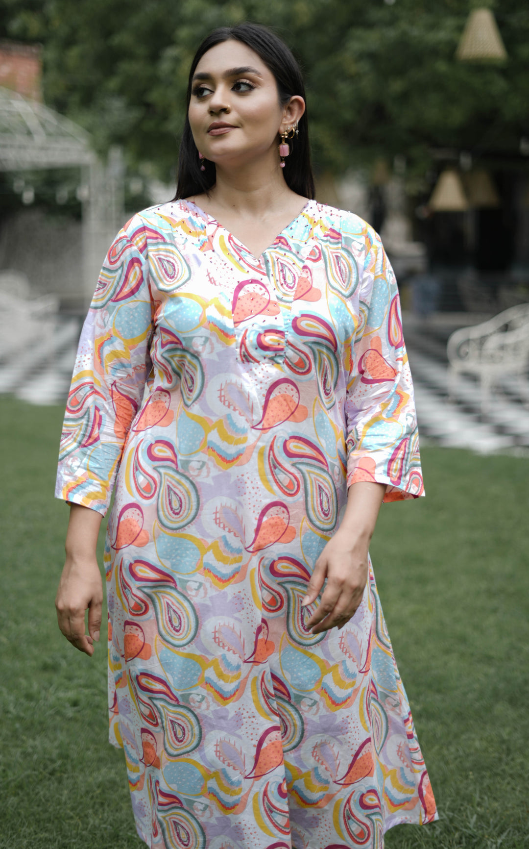 White And Peach Printed Modal Cotton Kurta With Pant Set