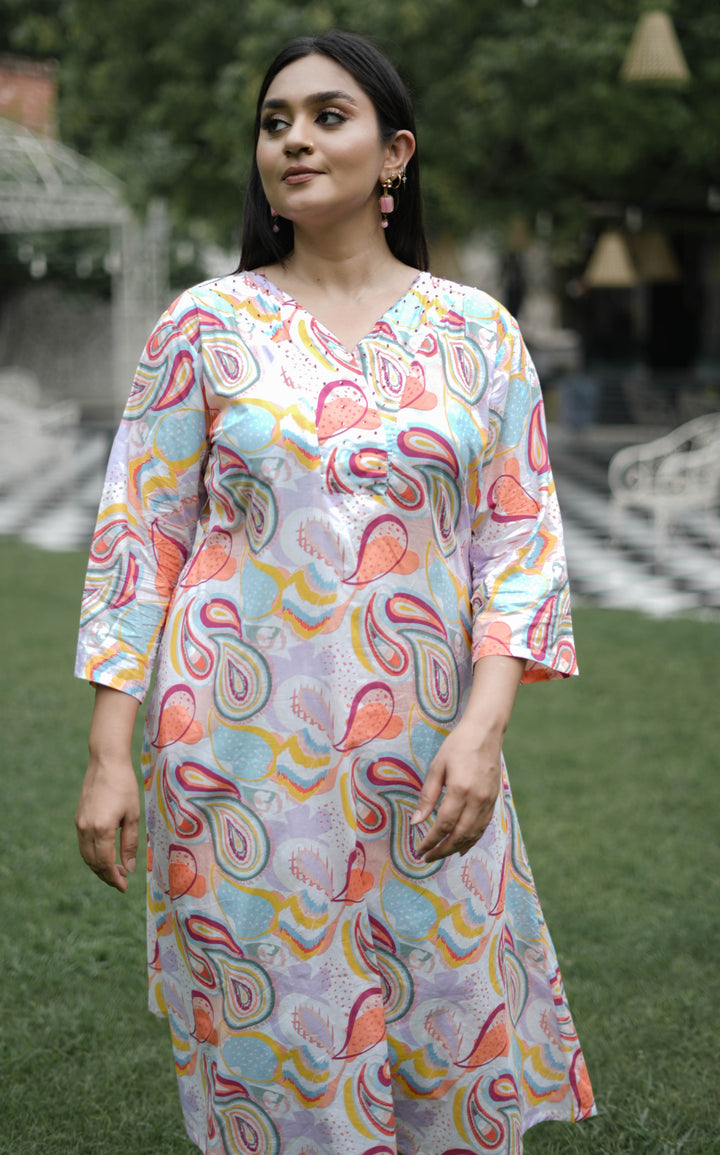 White And Peach Printed Modal Cotton Kurta With Pant Set