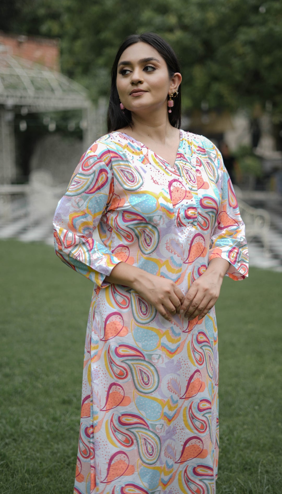 White And Peach Printed Modal Cotton Kurta With Pant Set