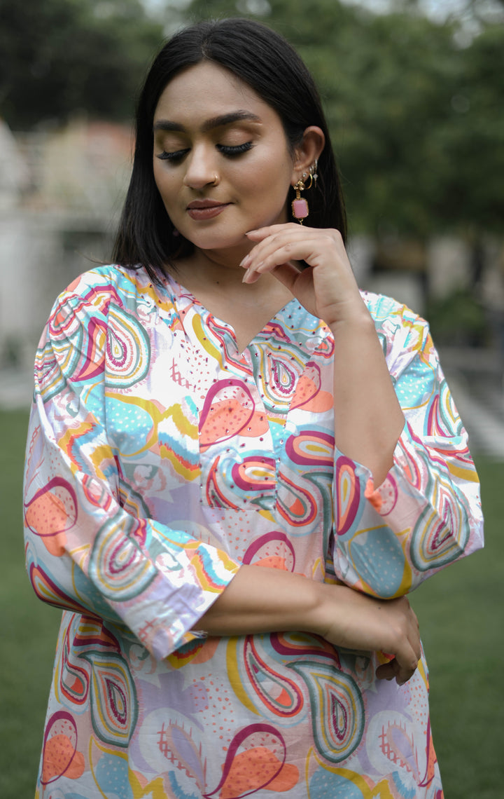 White And Peach Printed Modal Cotton Kurta With Pant Set