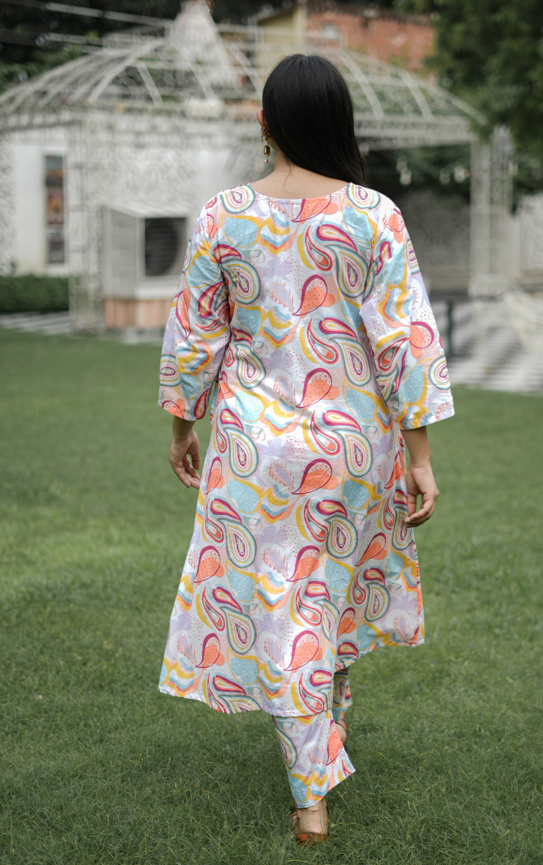 White And Peach Printed Modal Cotton Kurta With Pant Set