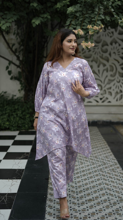 Light Purple Printed Modal Cotton Kurta With Pant Set -Custom Made